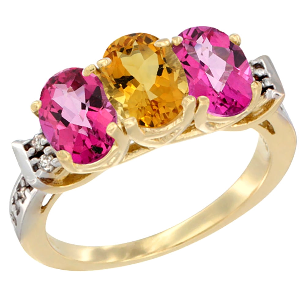 10K Yellow Gold Natural Citrine & Pink Topaz Sides Ring 3-Stone Oval 7x5 mm Diamond Accent, sizes 5 10 by WorldJewels