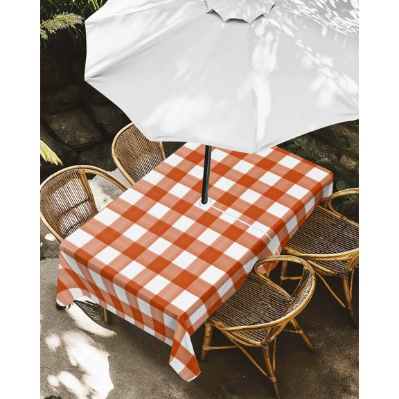Outdoor Tablecloth with Umbrella Hole, Orange White Buffalo Checker Zippered Table Cloth for Rectangle Tables, Classic Lattice Plaid Washable Waterproof Tablecloths for Picnic Patio Garden