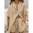 thumbnail image 5 of Women 2 Piece Outfit Summer Short Sleeve Top and Shorts Sweatsuit Set Khaki L, 5 of 6