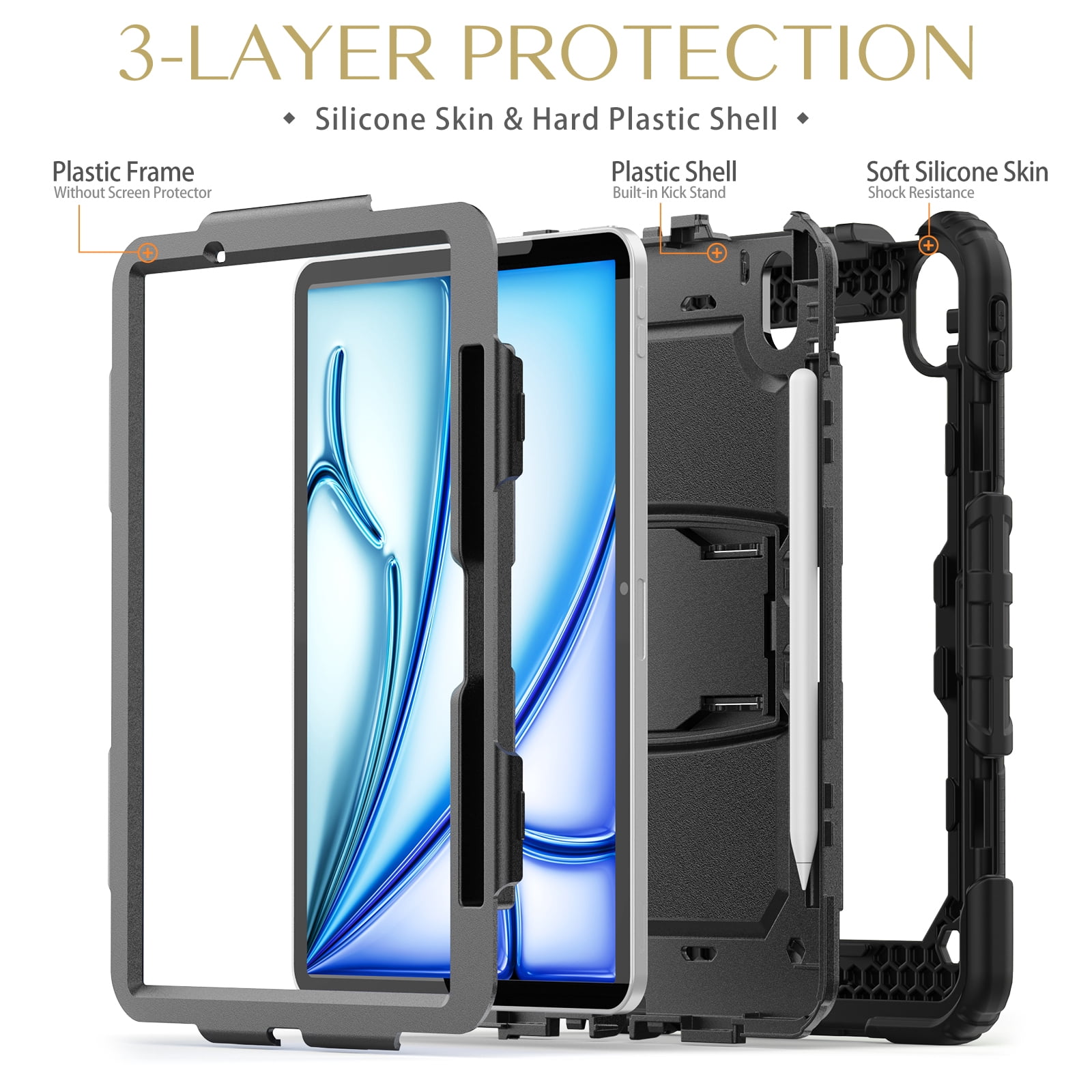 Rugged Case For Apple iPad Air 11 (2024) – 3-Layer Protection Shockproof Stand Cover with Screen Protector, Adjustable Stand, Shoulder Strap, & Pencil Holder -- Black