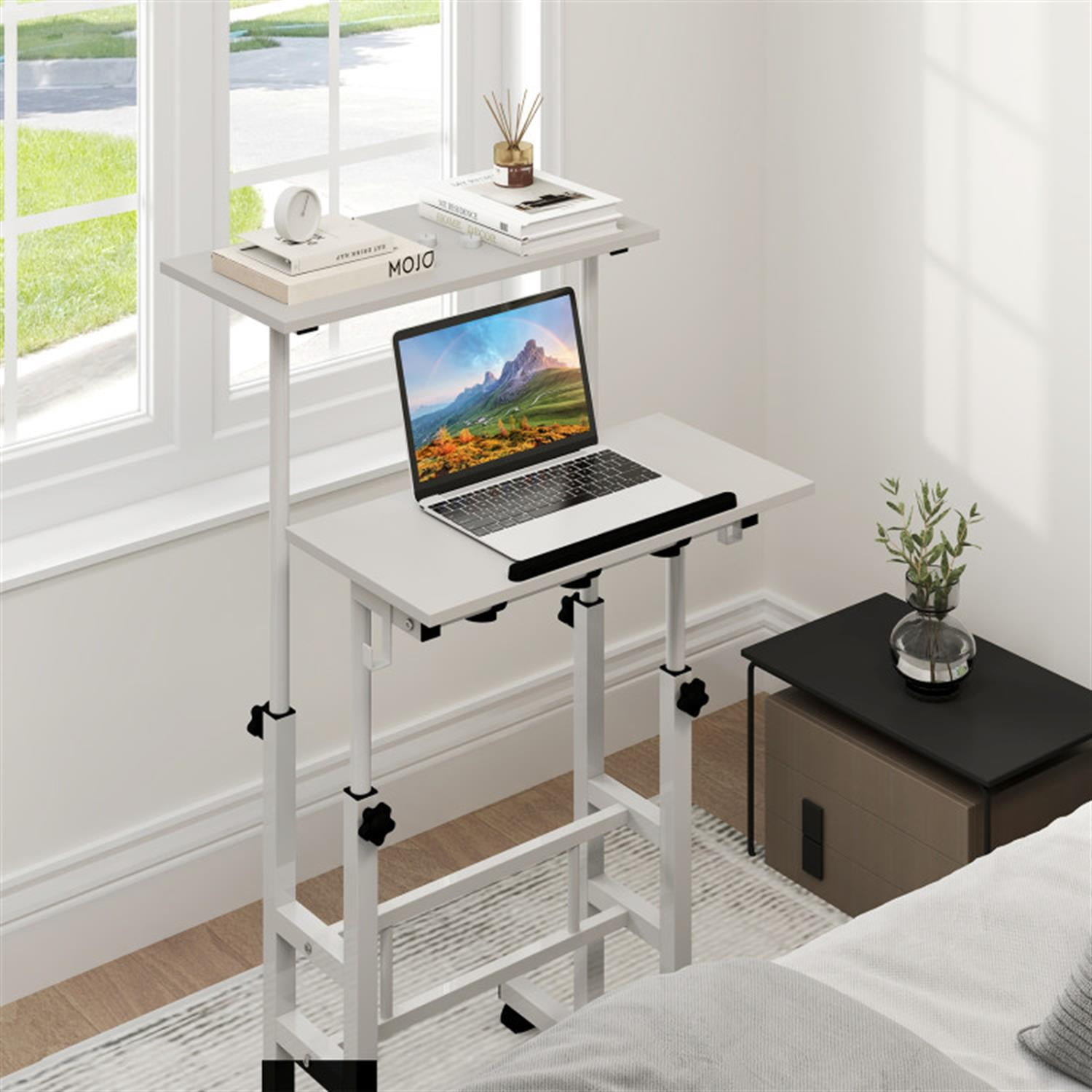 Demi Bonn Height Adjustable Mobile Standing Desk with Rolling Wheels for Office and Home, Laptop Workstation for Laptops, Books, Tablets, and Art, White