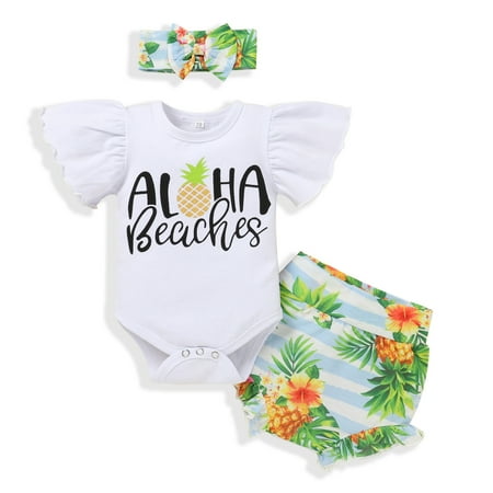 

XINSHIDE Baby Boys Girls Summer Outfits Letter Pattern Short Sleeve Bodysuit Romper Tops Floral Shorts Pants Headband 3Pcs Clothes Set Baby Clothing