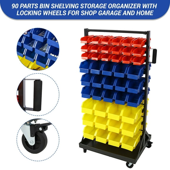 TOPCHANCES 90 Parts Bin Shelving Storage Organizer with Locking Wheels for Shop Garage and Home Use