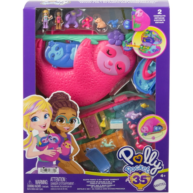 Polly Pocket Dolls and Micro Playset Travel Toys Sloth Family 2 in 1 Purse Compact and Accessories