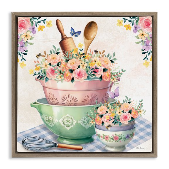 Stupell Industries Floral Kitchen Bowls Stack Food & Beverage Painting Brown Floater Framed Canvas Art Print Wall Art, 25 x 25