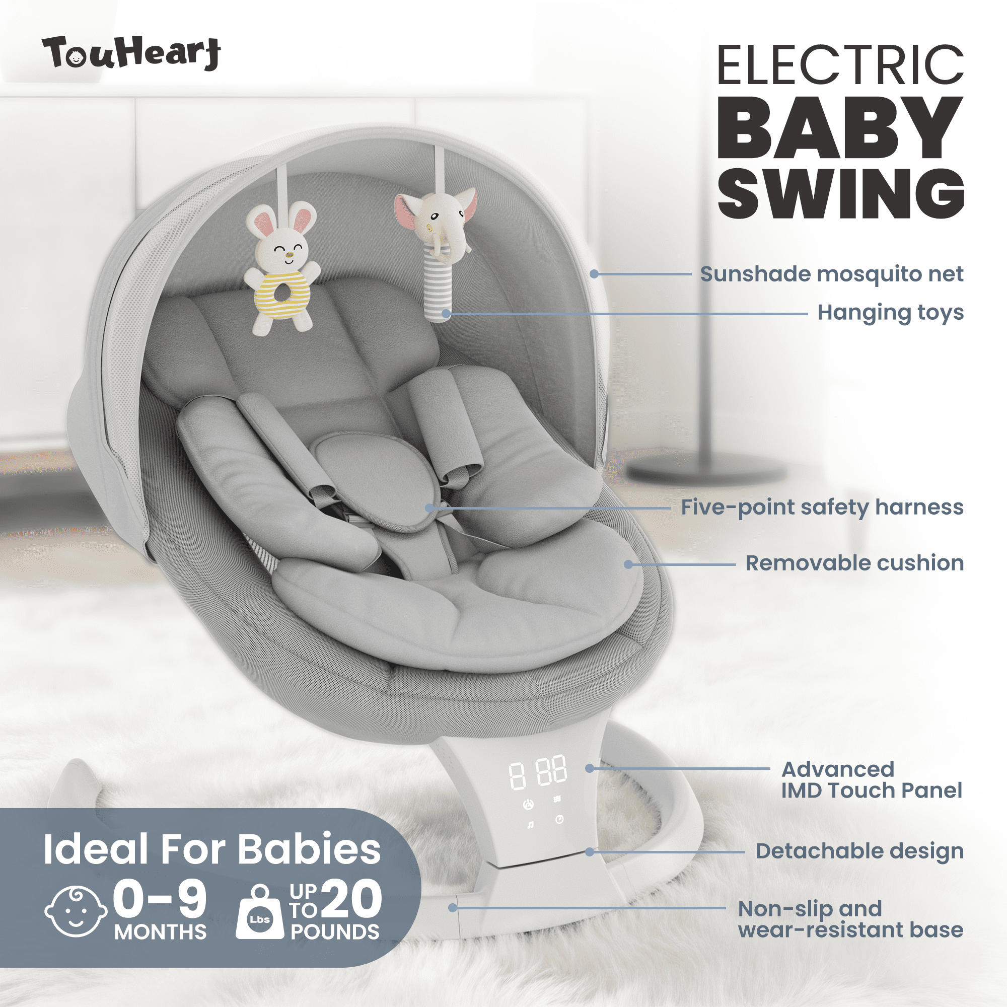 TouHeart Electric Baby Swing for Infant,5-Speed Sway & Vibration, Remote Control,10 Lullabies,Gray
