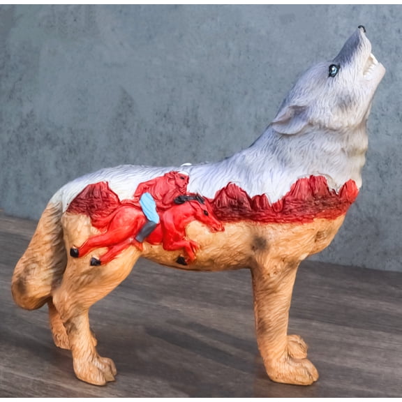 Western Native Tribal Howling Wolf Totem Spirit Indian Rider Figurine Collection