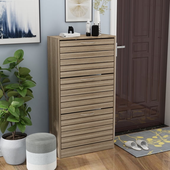 WIAWG Shoe Cabinet Wood Shoe Rack Storage Cupboard with 3 Tilt-out Doors Brown