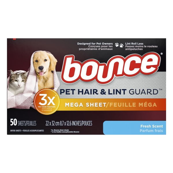 Bounce Pet Hair and Lint Guard Mega Dryer Sheets with 3X Pet Hair Fighters 50 Sheet Count (1 Pack)