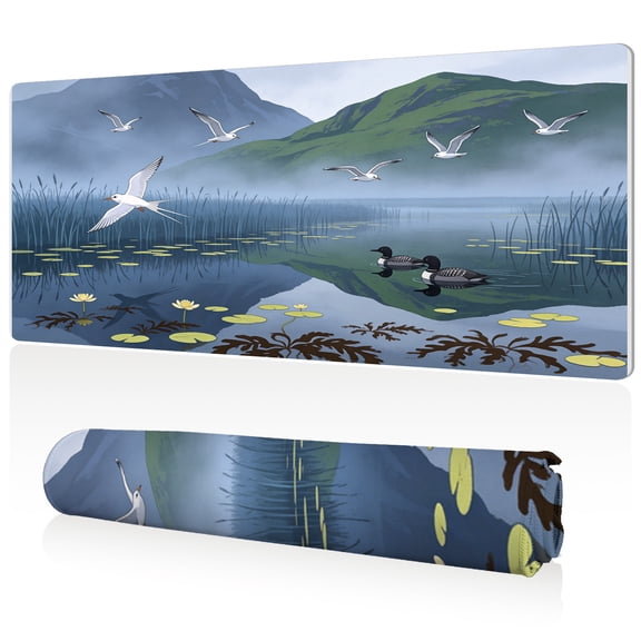 LIVEKEY Extra Large Mouse Pad Serene Lake with Water Lilies and Birds 80x40x0.3cm Full Desk Coverage Non Slip Durable Easy Clean Stitched Edges for Gaming and Office