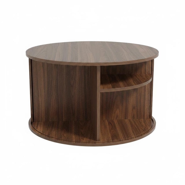 28 Inch Mid-Century Round Coffee Table, Fluted Wooden Center Table with Curved Sliding Door and Hidden Storage for Living Room