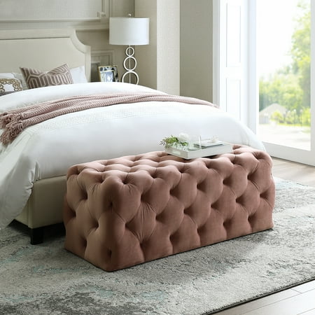 Arabella Blush Pink Velvet Bench Allover Tufted Modern