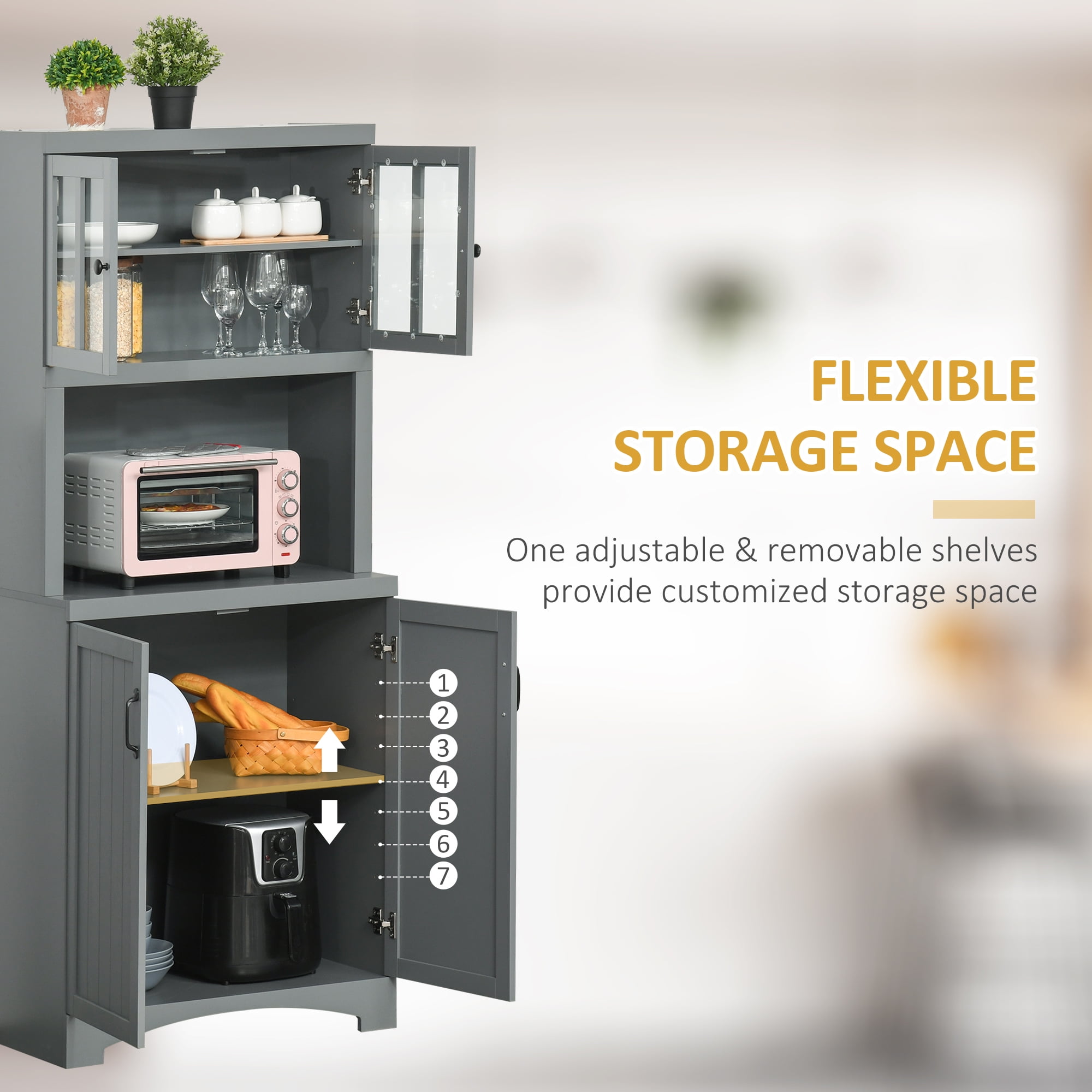 HOMCOM Kitchen Hutch, Pantry Cabinet with Glass Framed Door, Adjustable Shelves and Microwave Space for Dining Room, Gray