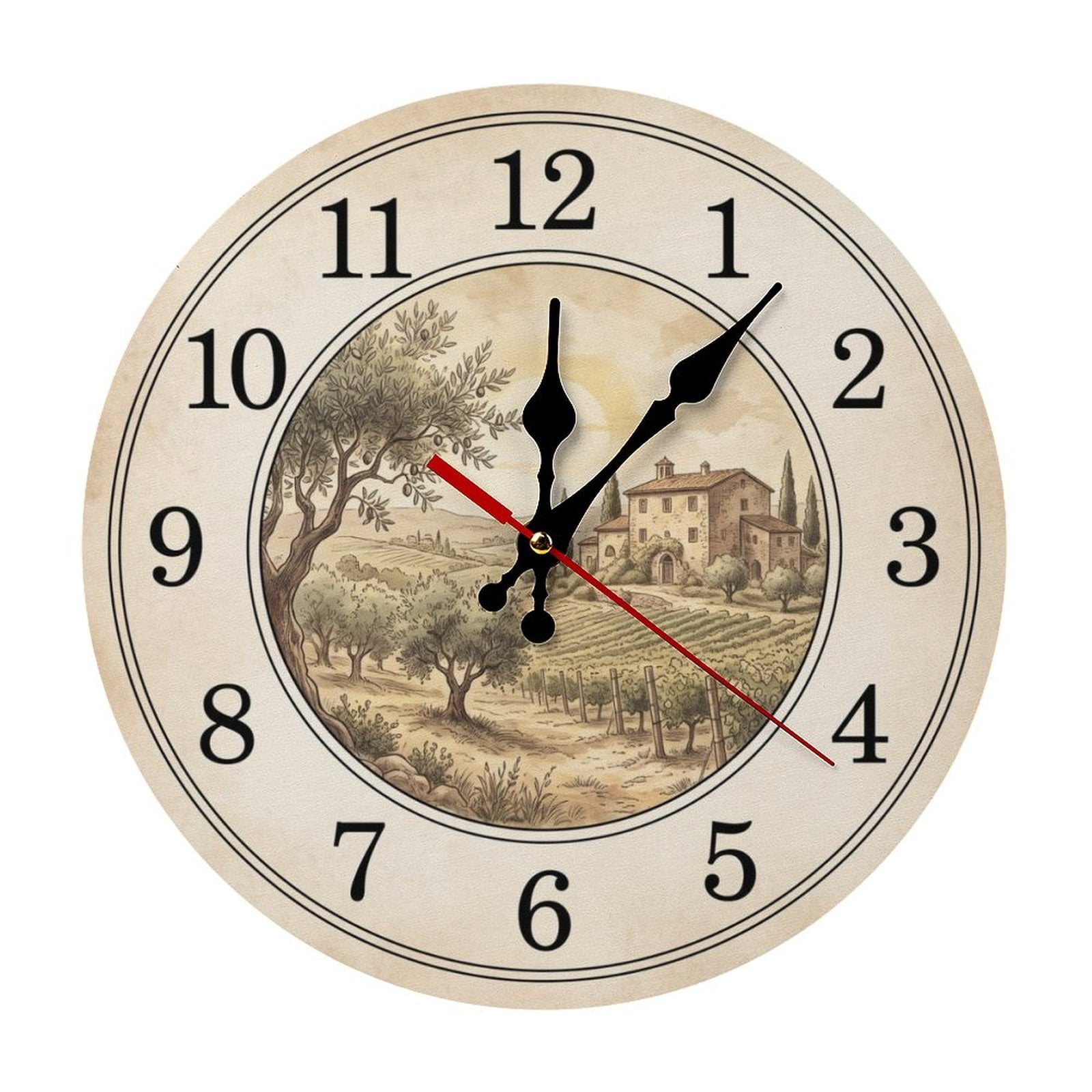 Tuscan Countryside Landscape Farmhouse Style Round Wood Wall Clock, Noiseless Design for Cafe &