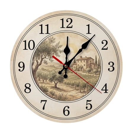 Tuscan Countryside Landscape Farmhouse Style Round Wood Wall Clock, Noiseless Design for Cafe & Classroom Decor