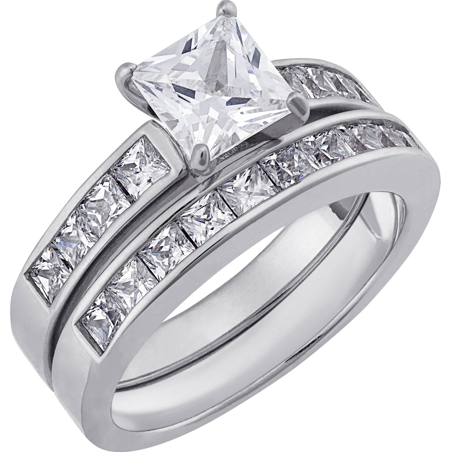 Sterling Silver Square CZ 2-PC  Wedding Ring Set