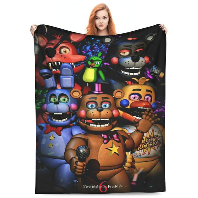 Five Nights At Freddy's Blanket Soft Cozy Fleece Throw Blanket Plush Lightweight Warm Fuzzy Flannel Blankets and Throws for Boys Girls Couch Sofa Bed 40x30In. The blanket showcases colourful characters from the Five Nights at Freddy's series, including Freddy and Foxy, on a dark, vibrant background. Crafted from soft flannel, it is lightweight, durable, and perfect for all seasons. Suitable for use on couches, beds, or as a travel blanket. Machine washable for convenience.