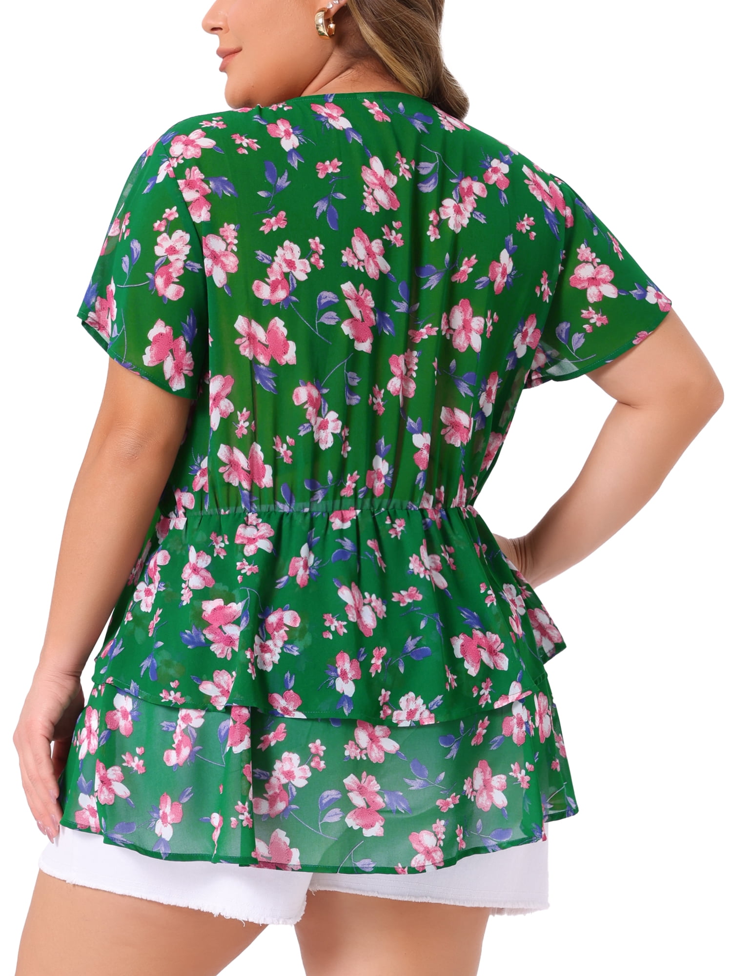 DARING DIVA Women's Plus V Neck Short Sleeve Casual Floral Blouse 1X Green