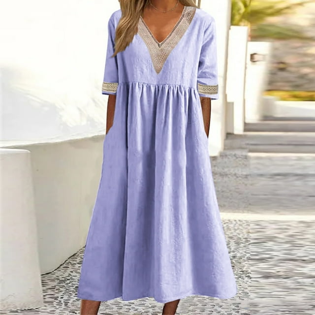 Robes pour Femmes 2024 Été Surdimensionnée Nouvelle Robe Unie à Manches Courtes en Dentelle à Col en V avec Ourlet à la Taille Rabais de 50 % Liquidation!