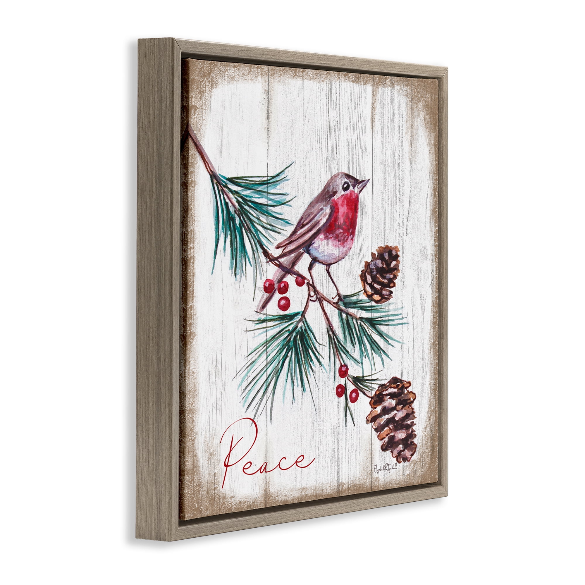 Stupell Industries Rustic Bird & Pinecones Holiday Painting Brown Floater Framed Canvas Art Prints Wall Art, 25 x 25