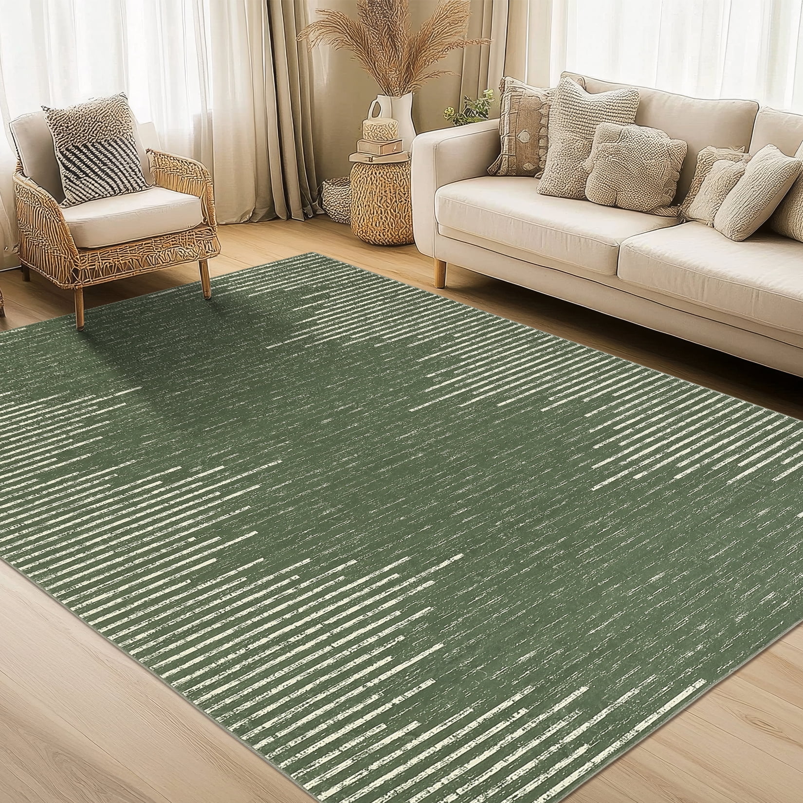 Hasoo Large Area Rug for Dining Room Washable Indoor Geometric Striped Carpet Soft Non Slip Dorm Rug, Green 10' x 13'