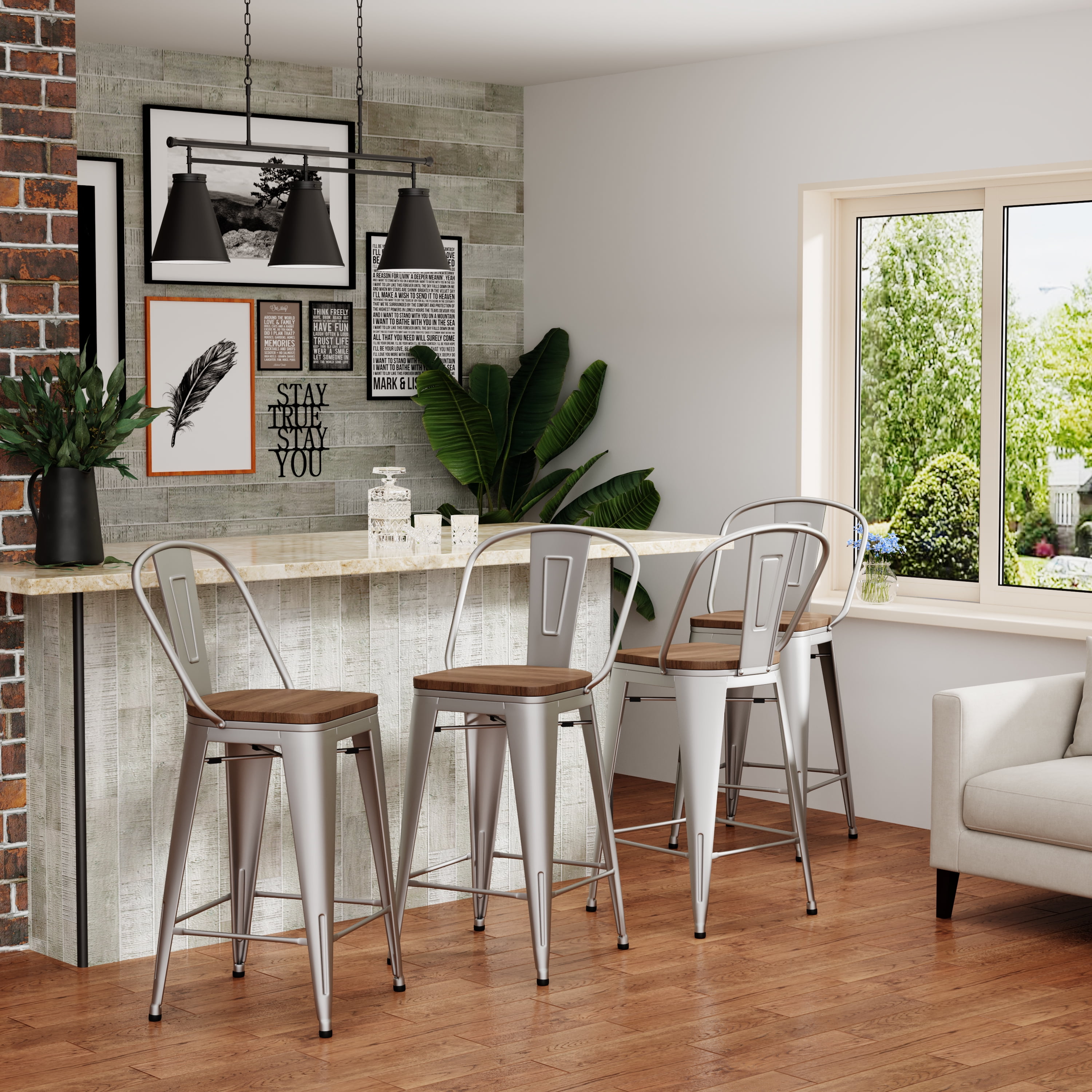 Andeworld Metal Bar Stools Set of 4 Counter Height Stools with Backs Counter Stools High Back Bar Chairs 30 Inch Silver