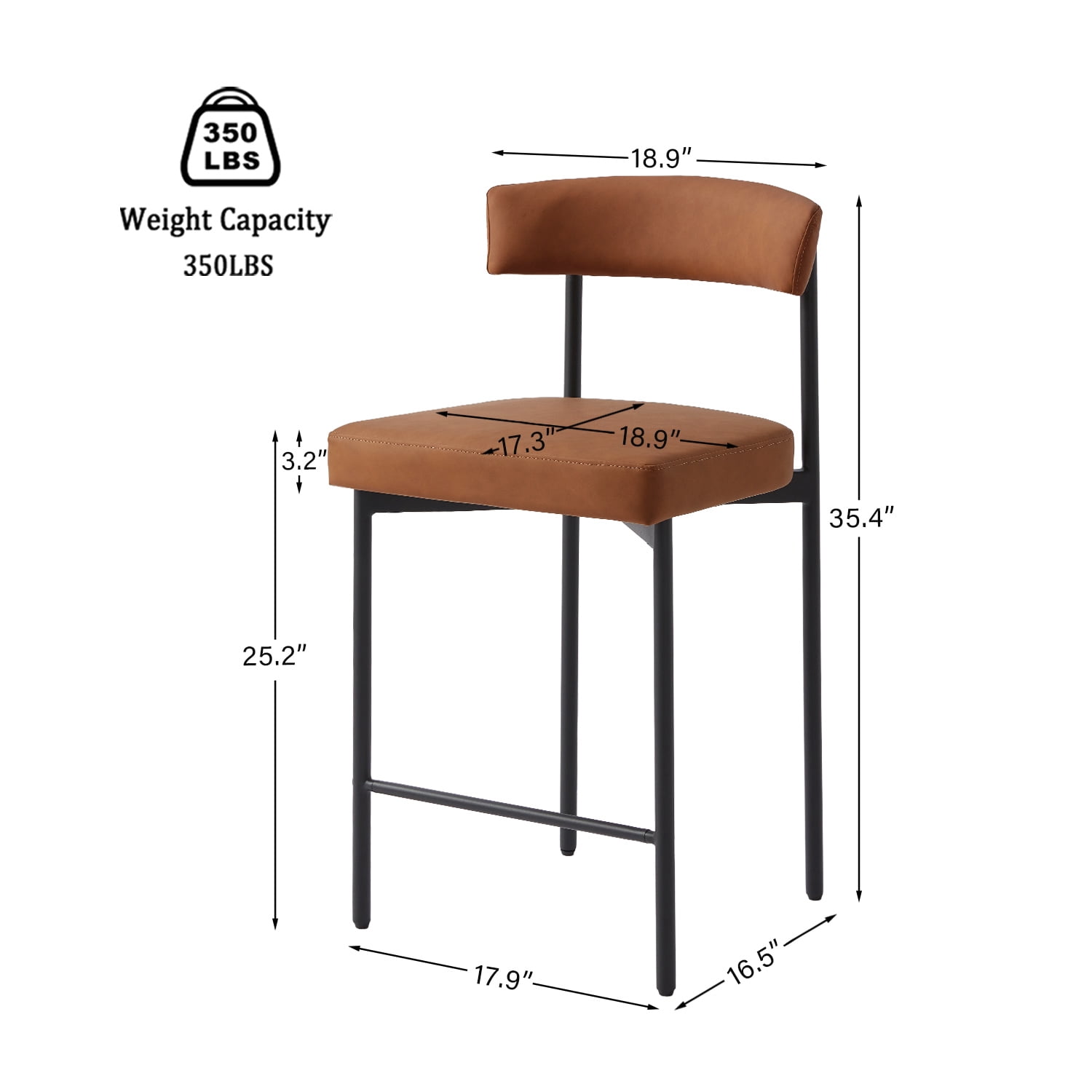 Brown Modern Bar Stools Set of 2, 24 Inch Faux Leather Counter Stools with Curved Backrest, Counter Height Bar Stool for Kitchen Island
