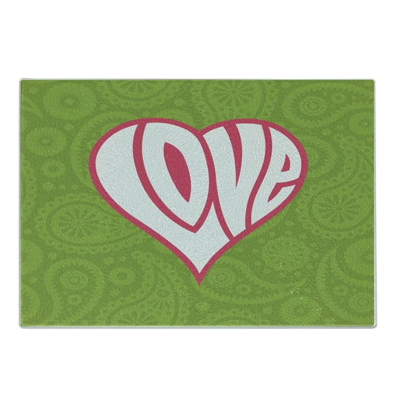 Groovy Cutting Board, Heart Illustration on Paisley Background Centre of Love Nutrient Retro Design, Decorative Tempered Glass Cutting and Serving Board, Small Size, Green White Pink, by Ambesonne