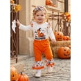 thumbnail image 5 of Loicainy Infant Baby Girl Halloween Outfit 3 6 9 12 18 Months Letter Pumpkin Print Crew Neck Long Sleeve Rompers Bell-Bottoms Pants Headband 3Pcs Clothes Set, 5 of 9
