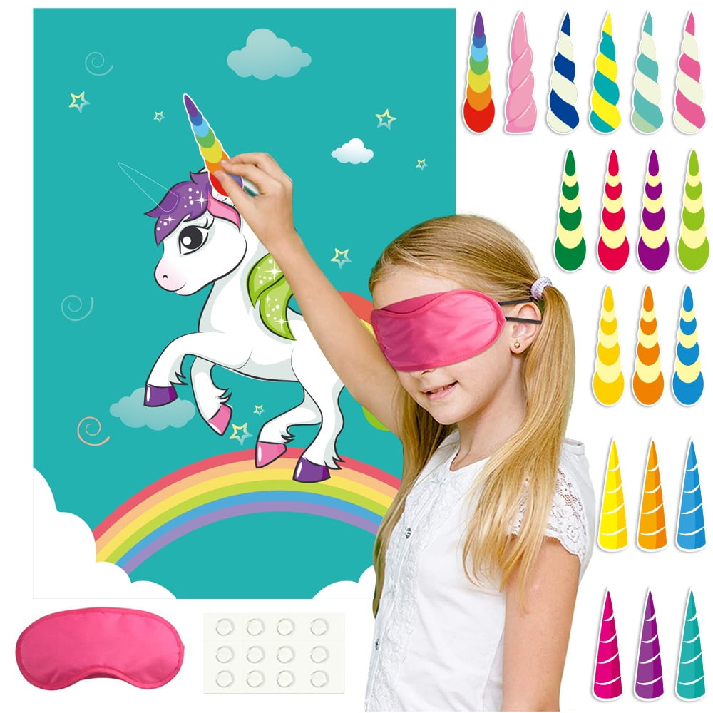 Unicorn Party Supplies Unicorn Pin The Horn on The Unicorn Birthday Party Game with 34 Horns for Unicorn Party Supplies Kids Birthday Party Decorations
