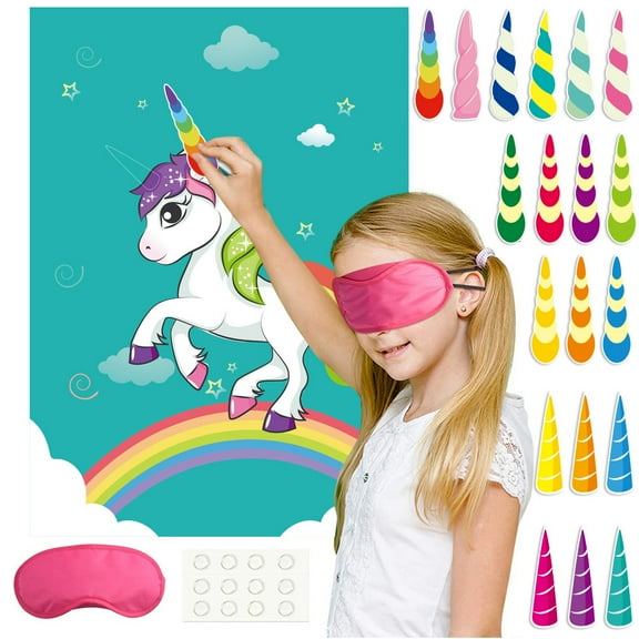 Pin The Horn on The Unicorn Game for Birthday Party, Unicorn Party Game with 34 pcs Horn Stickers Birthday Party Supplies for Wall Home Room Decorations