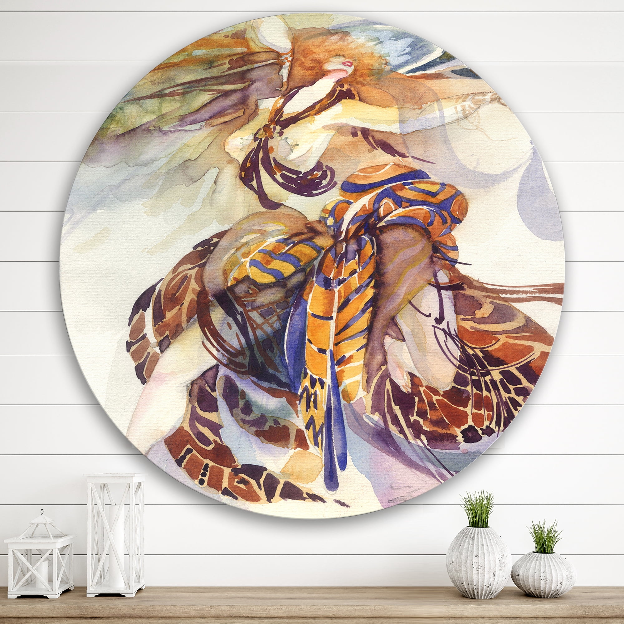 Designart 'Allegory of Paradise Bird Woman Portrait' Traditional Circle Metal Wall Art 29x29 - Disc of 29