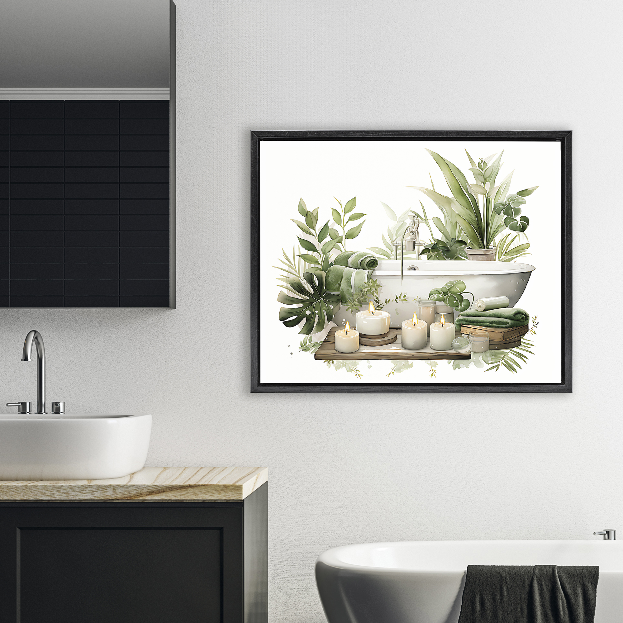 Tropical Zen Bathtub Black Framed Floater Canvas Wall Art, design by Lettered and Lined