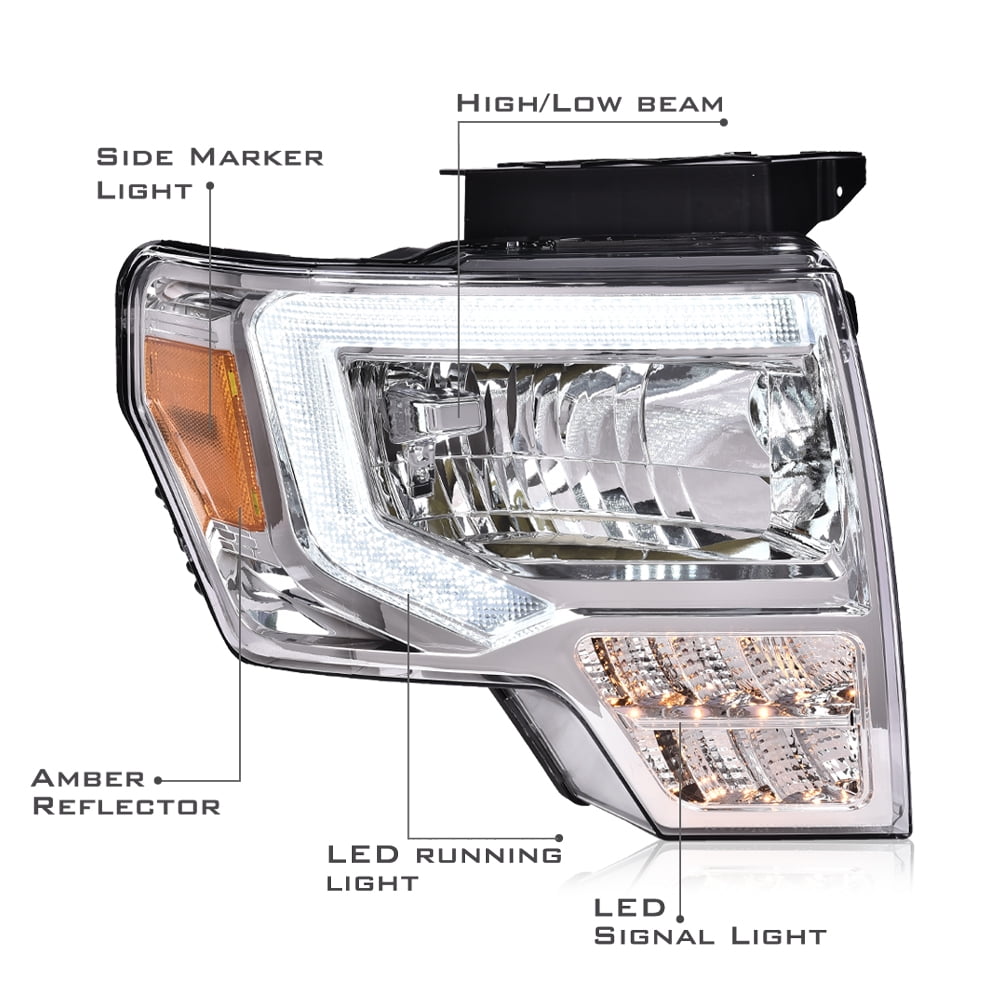 Pair LED Headlights Fit for Ford F150 2009-2014 Left and Right Clear Lens Chrome Housing Amber Reflector