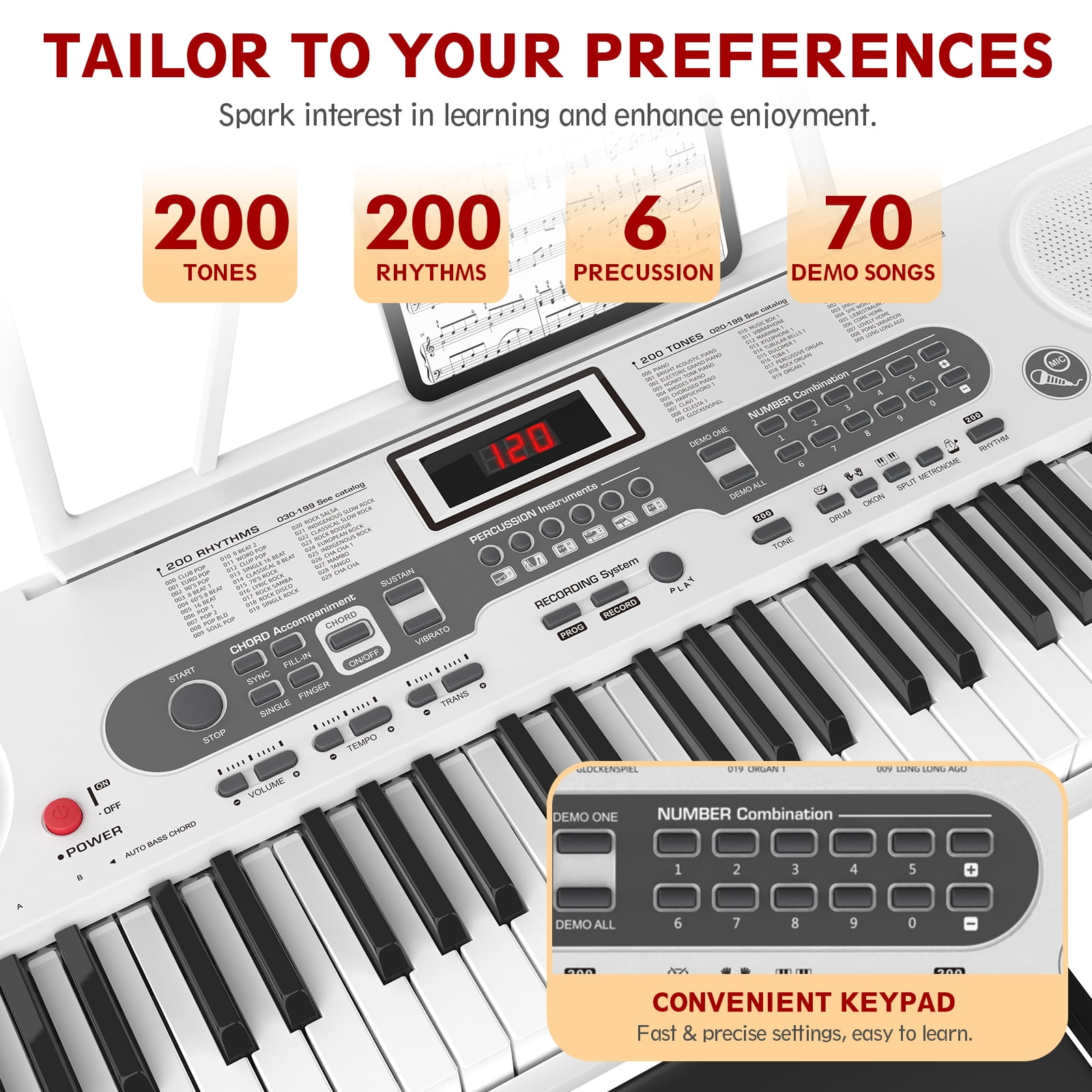 SUGIFT 61 Key Electric Keyboard Piano with Lighted Keys Portable Piano, White