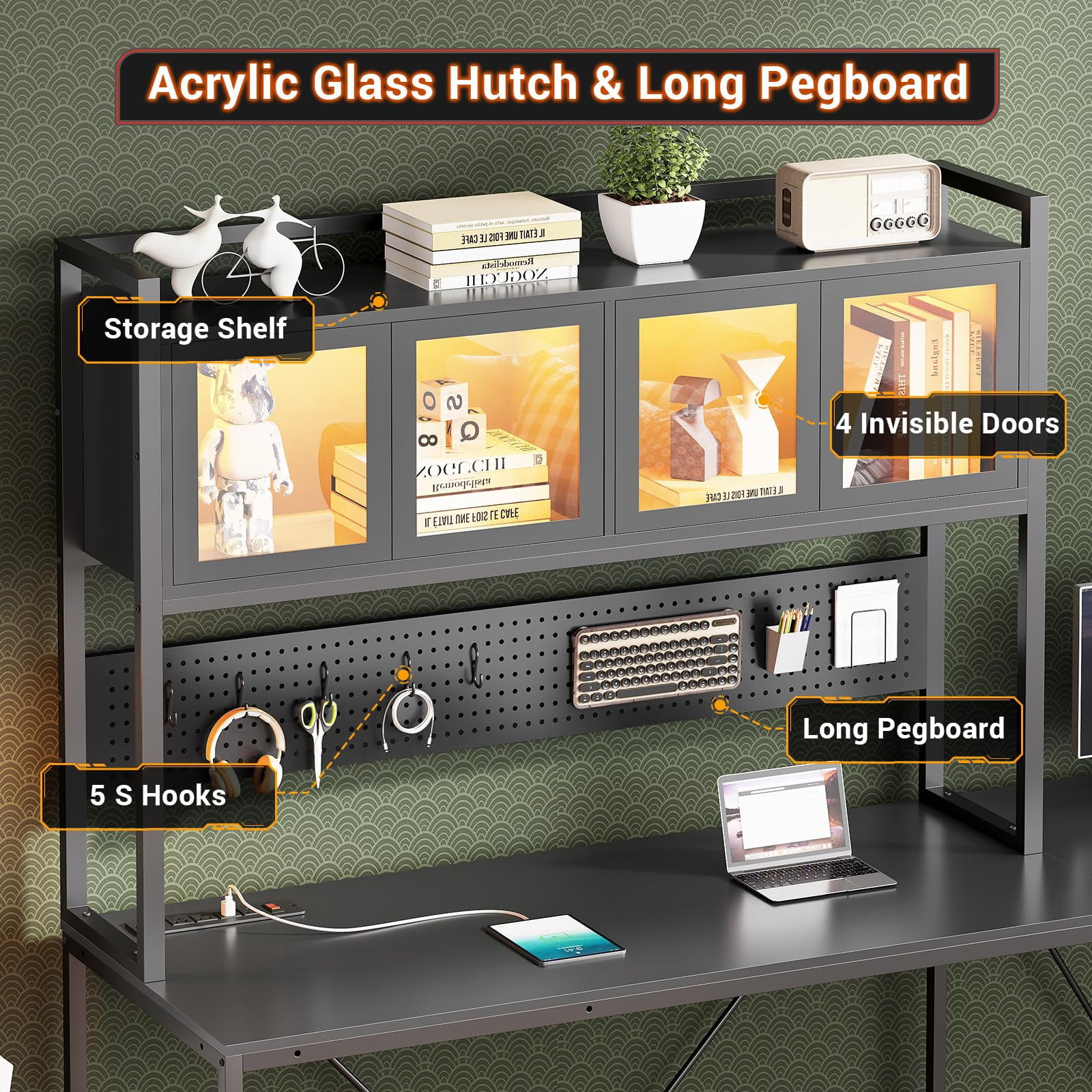 L Shaped Gaming Desk, Reversible L Shaped Desk with Hutch, Drawers and Power Outlet, Gaming Desk with Led Lights, Pegboard and Storage Shelf, Black