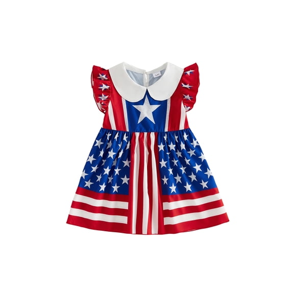 BemeyourBBs Toddler Baby Girl 4th of July Dress Outfit Patriot Independence Day Dress Little Girl Flying Short Sleeve Doll Collar Red White Blue Star Striped Print Bow Summer Princess Party Dress
