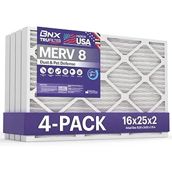 BNX TruFilter 16x25x2 Air Filter MERV 8 (4-Pack) - MADE IN USA – Dust & Pet Defense Electrostatic Pleated Air Conditioner HVAC AC Furnace Filters for Dust, Pet, Mold, Pollen MPR 600 – 700 & FPR 5