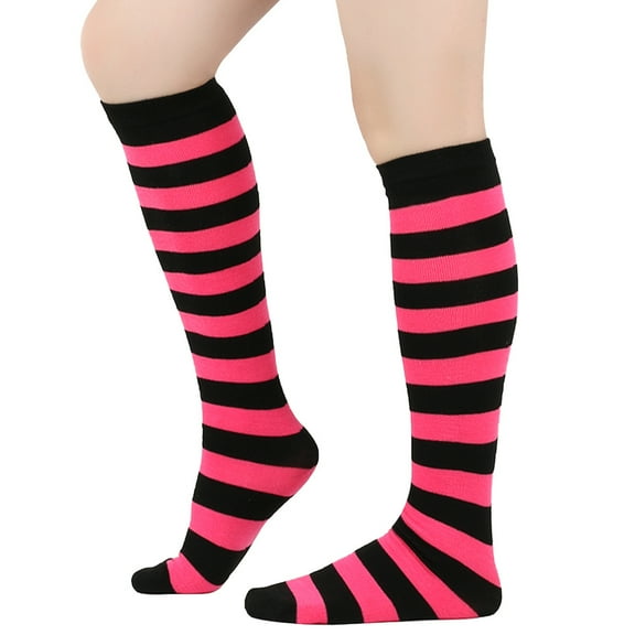 suxuMhao Thick Striped Calf Socks,3 Pairs One Size Fits Most,Soft Polyester-Cotton&Spandex Socks-Ideal as Mid Calf Socks,Knee High Socks,Long Socks,Crew Socks,Dark Pink & Black for Daily Wear​