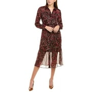 Nanette Lepore collared long sleeve barbell cuffs button front multi print metallic tie waist chiffon shirt dress-BAEZ BURGUNDY PRINT / 10