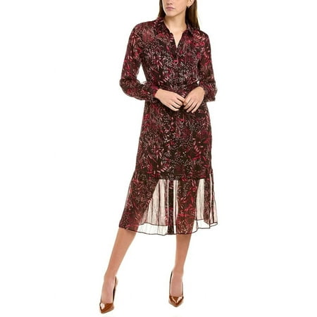 Nanette Lepore collared long sleeve barbell cuffs button front multi print metallic tie waist chiffon shirt dress