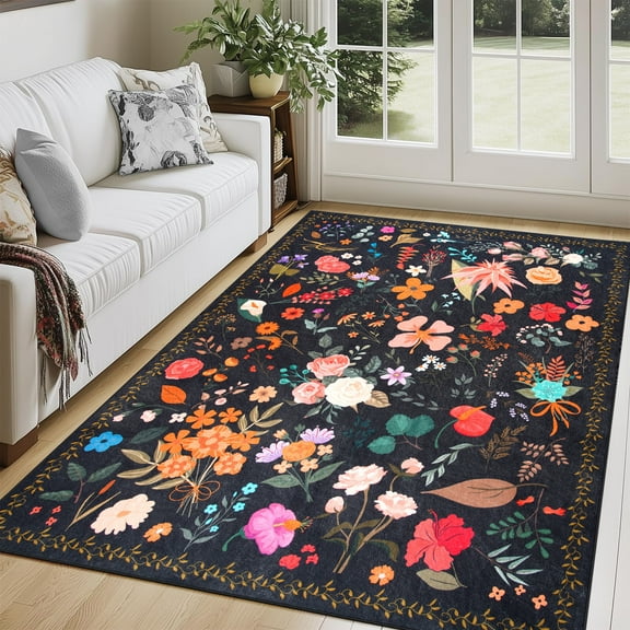 Wondo Boho Floral Non-Slip 4'x6' Area Rug - Machine Washable Low Pile Indoor Carpet for Bedroom, Kids Room, Office & Dining Spaces (Black)