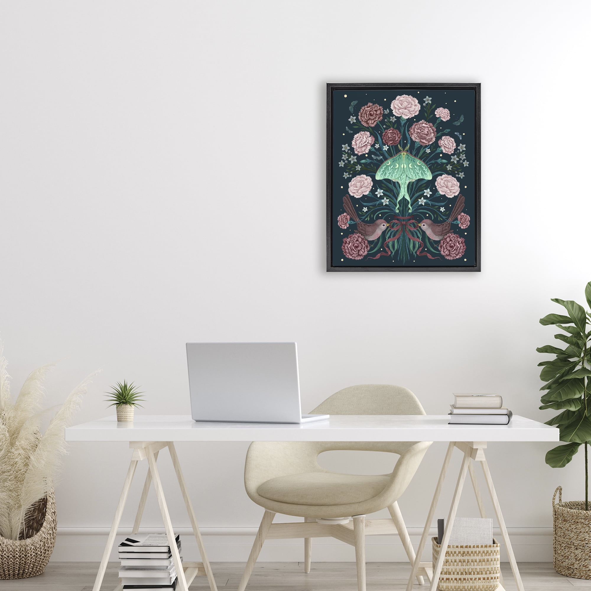 Stupell Industries January Carnations & Moth Black Framed Floater Canvas Wall Art, design by Episodic Drawings