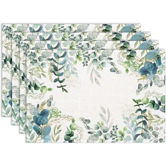 Eucalyptus Placemats Set of 4, 12x18 Inch Sage Blue Spring Summer Green Plants Seasonal Holiday Table Mats for Party Kitchen Dining Decoration