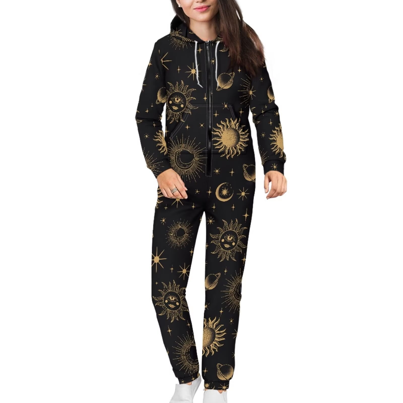 POLERO Halloween Theme Skull&Sun Print One Piece Pajames with Pocket Zipper Onesie Sleepsuit for Men Women, Size 4XL
