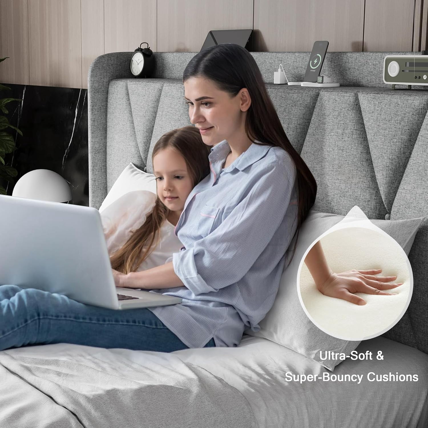 iPormis Queen Size Bed Frame with Charging Station , Upholstered Bed with 4 Storage Drawers, Light Grey