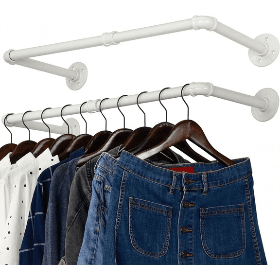Wall Mount Clothing Rack White 24 Inch Industrial Pipe Garment Rod Heavy Duty Iron Display Rack for Closet or Laundry Room 2 Pack