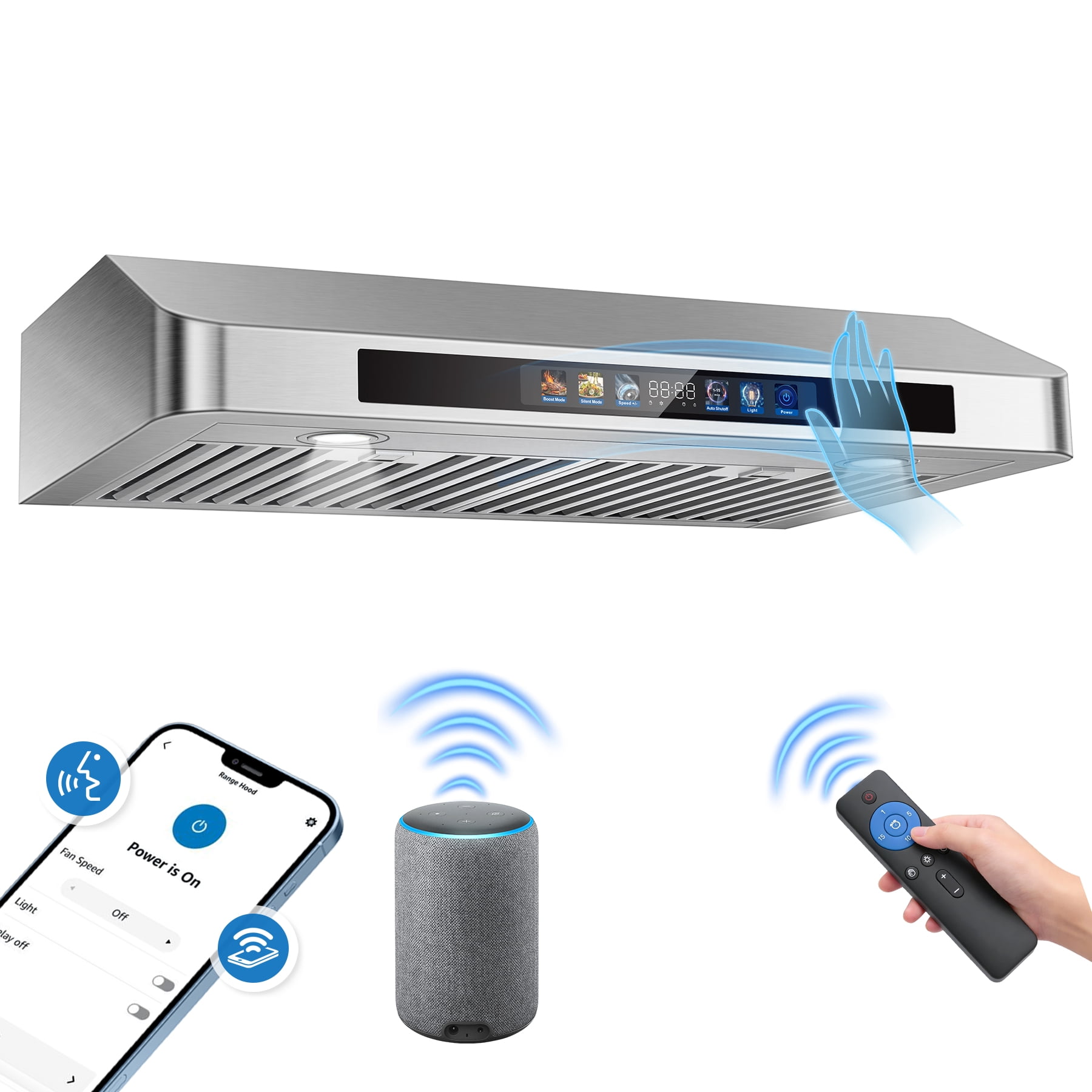 30 Inch Under Cabinet Range Hood with Voice/Gesture/Touch Control, 900 CFM Kitchen Vent Hood with 4-Speed Exhaust Fan, Stainless Steel Stove Hood with LED Lights, Baffle Filters