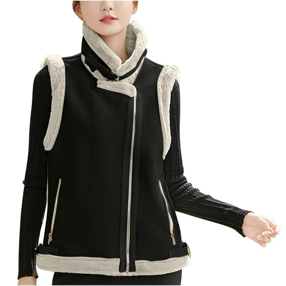 FNFHFY Women's Faux Fur Suede Vest Fuzzy Fleece Vests Zip Up Sherpa Lined Sleeveless Jacket Winter Waistcaot with Pockets