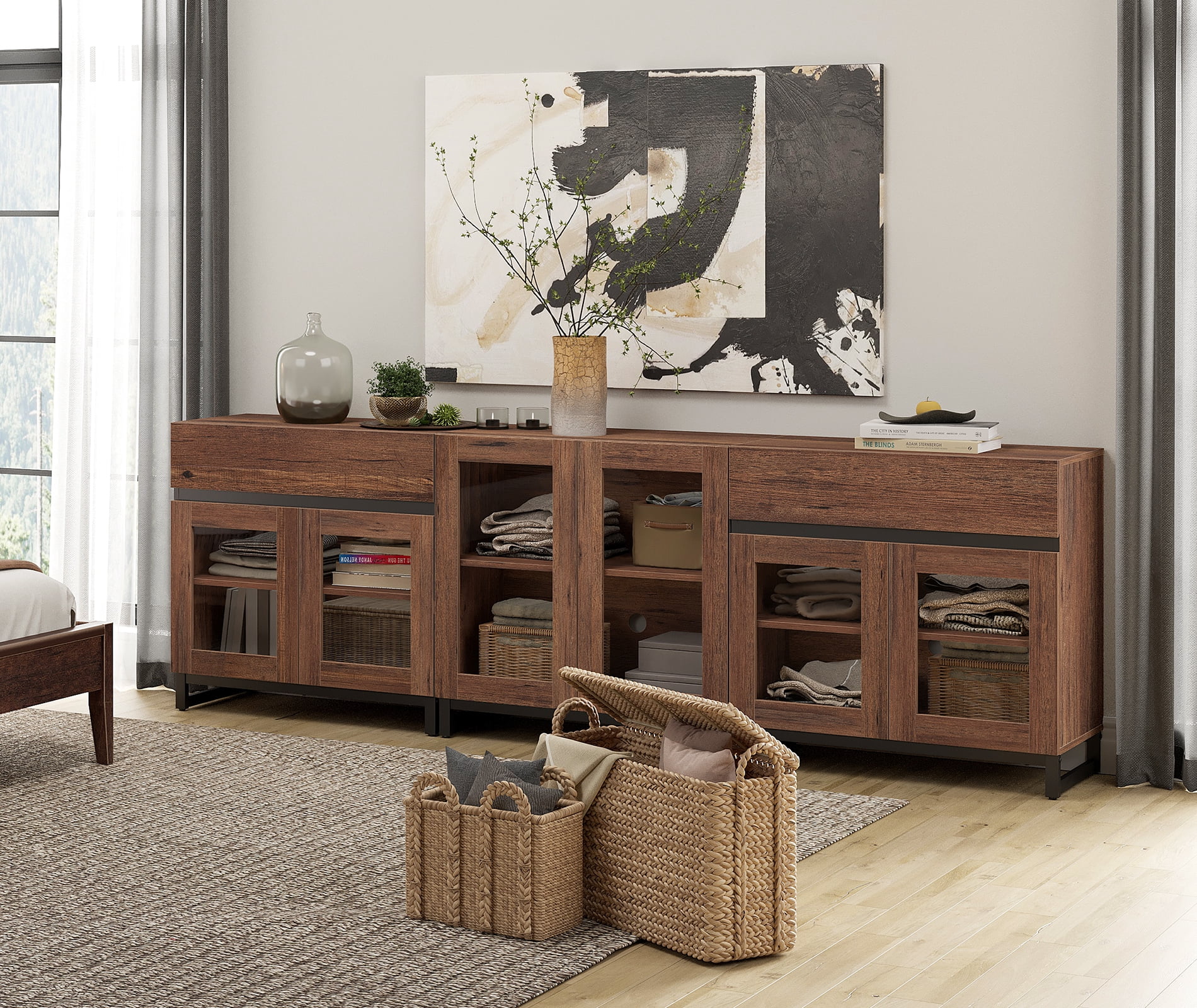 3 In 1 Modern Dresser with Glass Doors, 2 Drawers and Adjustable Shelves, Metal Base Storage Chest, Multifunctional Closet Organizer Cabinet for Bedroom,Brown